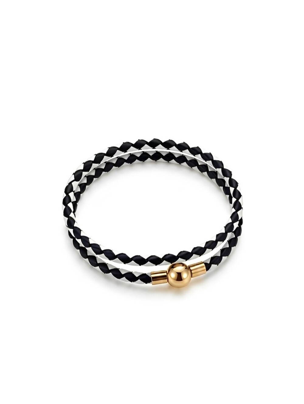 Linx Double Black & White Leather Braided Cord Bracelet with Gold Magnetic Clasp